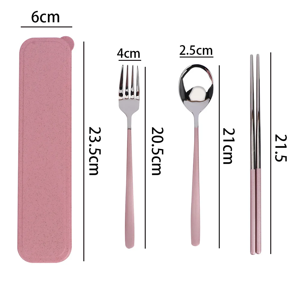3Pcs Stainless Steel Chopsticks Spoon Fork Tableware Set Portable Gift Box Adult School Travel Picnic Wheat Straw Cutlery Set