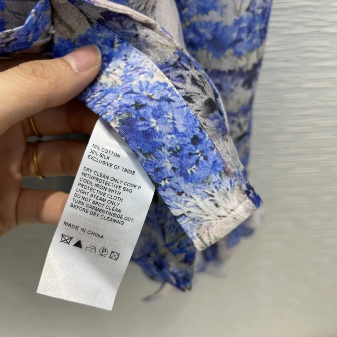 

High-end Brand Blue Flower Tshirts for Women Summer 2021 New Lace Up Collar Butterfly Sleeve Tops Good Quality Silk Blended Tops
