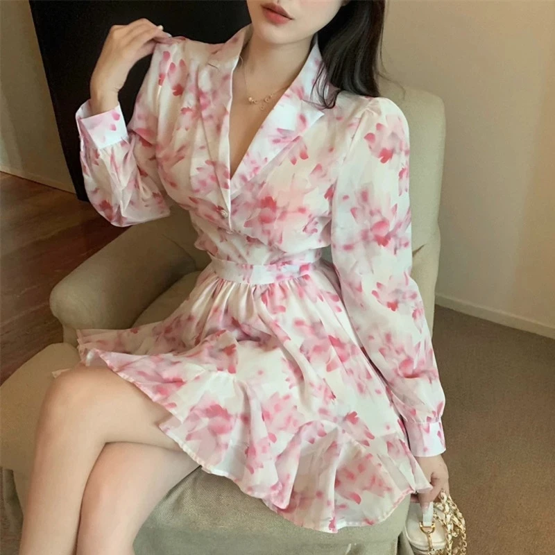 

Autumn Sweet Chiffon 2 Piece Set Women Long Sleeve Shirts Tops + High Waist Skirts Sets Fashion Casual Floral Print Office Suits