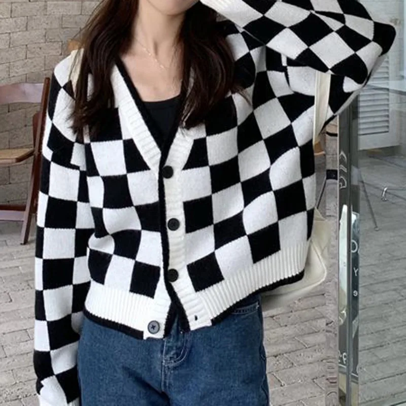 

Женский клетчатый свитер в стиле Харадзюку, однотонный кардиган из Кореи, женский милый однобортный свитер, женские топы, уличная одежда