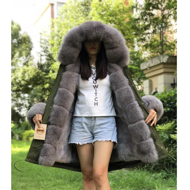 Серый Лисий меховой воротник пальто с капюшоном женская зимняя настоящая подкладка из кроличьего меха Рекс свободная теплая куртка женская винтажная меховая парка для женщин