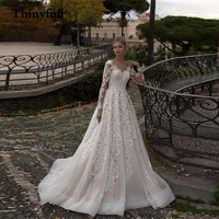 thinyfull elegant lace flower long a line wedding dresses long sleeves v neck button tulle bridal gowns appliques princess gowns