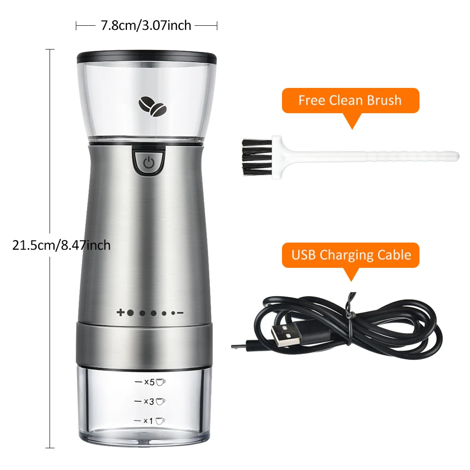 

USB Electric Coffee Grinder Stainless Steel Adjustable Professional Coffee Bean Mill Machine Kitchen Tools with Brush