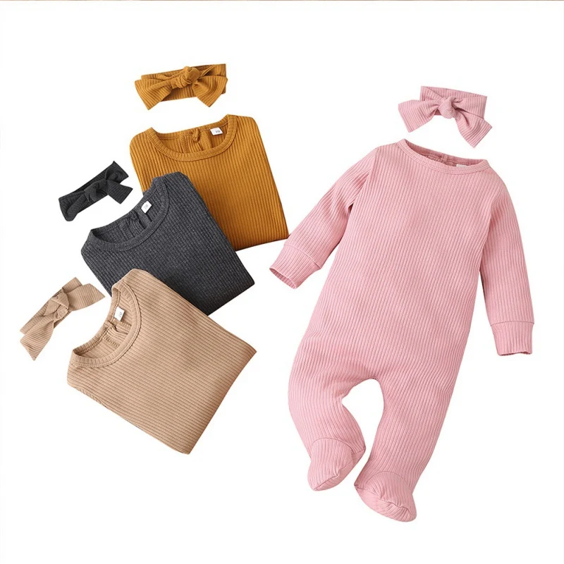 

Autumn Baby Girls Boys Long Sleeve Solid Color Rompers With Headband Kids Outfits