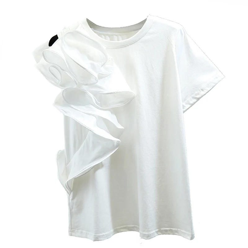 

Stereo Flounced Short Sleeve T-shirt Women's Fashion Crew Neck Pullover Tee Tops Girls Ladies Tshirt Ladies Tops Ropa Mujer