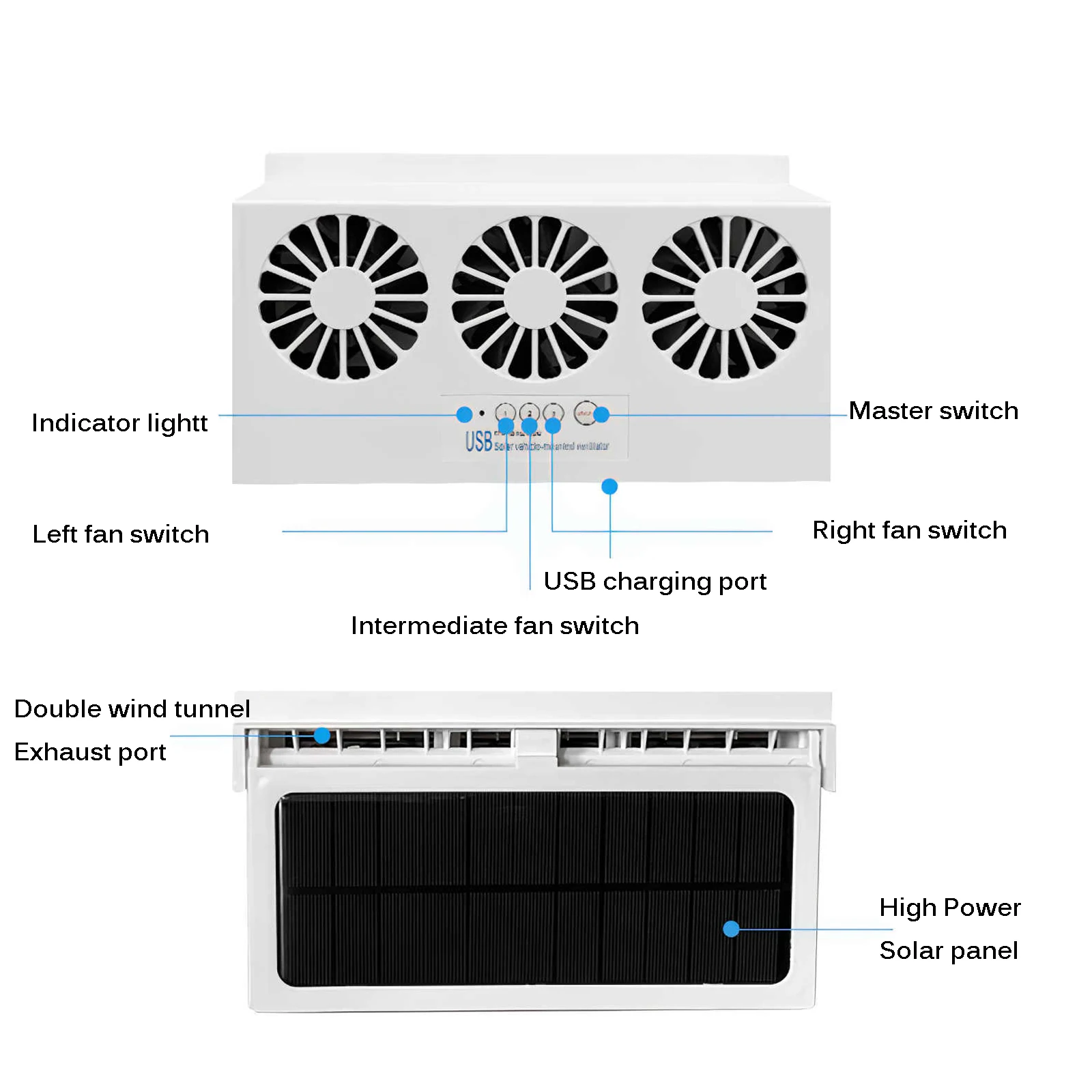 

Durable Solar Car Ventilation Fan Chargable Dual-Vent Car Exhaust Fan Solar Car Cooler Air Circulation Smoke Exhaust Fan