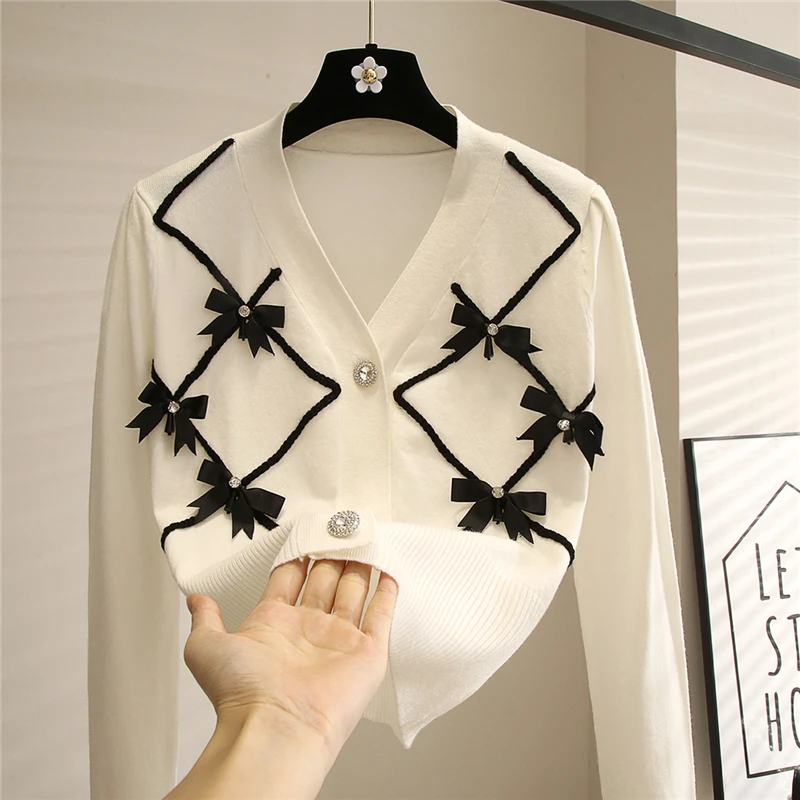 

Knitting Coat Women's Autumn Clothing 2021 New V-Collar Contrast Color Bow Slim Cardigan Sweater Top Long Sleeve Woman Sweaters