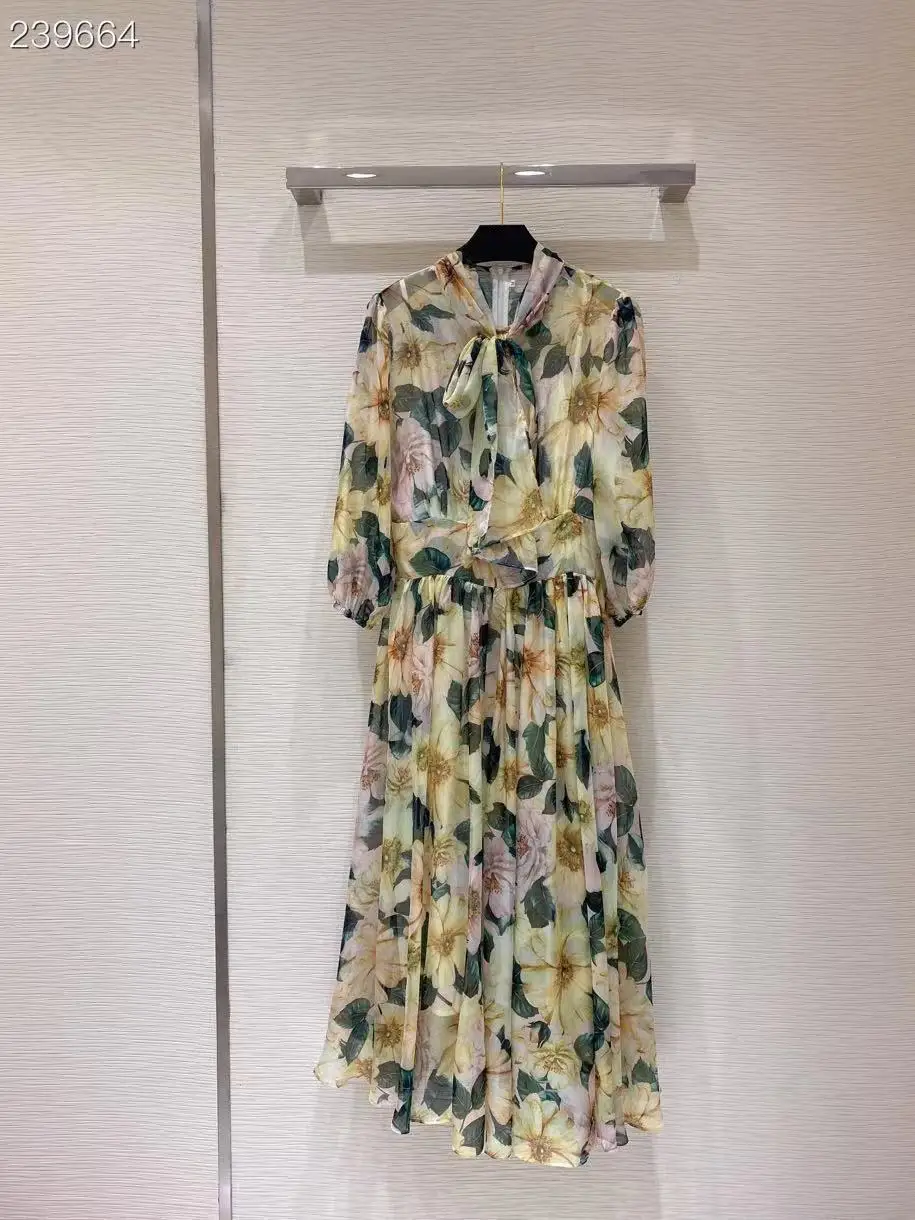 

Fyion Runway Fashion Autumn Chiffon Wrist Dress Women's Elegant Bow Collar Flower Print Holiday Long Dresses