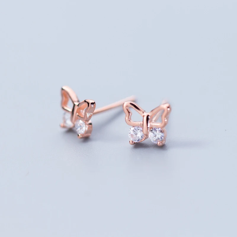 1 Pair Rose ElfoPlataSi, 925 пробы, Настоящее серебро, 6 мм X 7 мм, бабочка, серьги-гвоздики из кубического циркония для женщин и девушек, ювелирные изделия из серебра XY1244 - Окраска металла: 1 Pair Rose