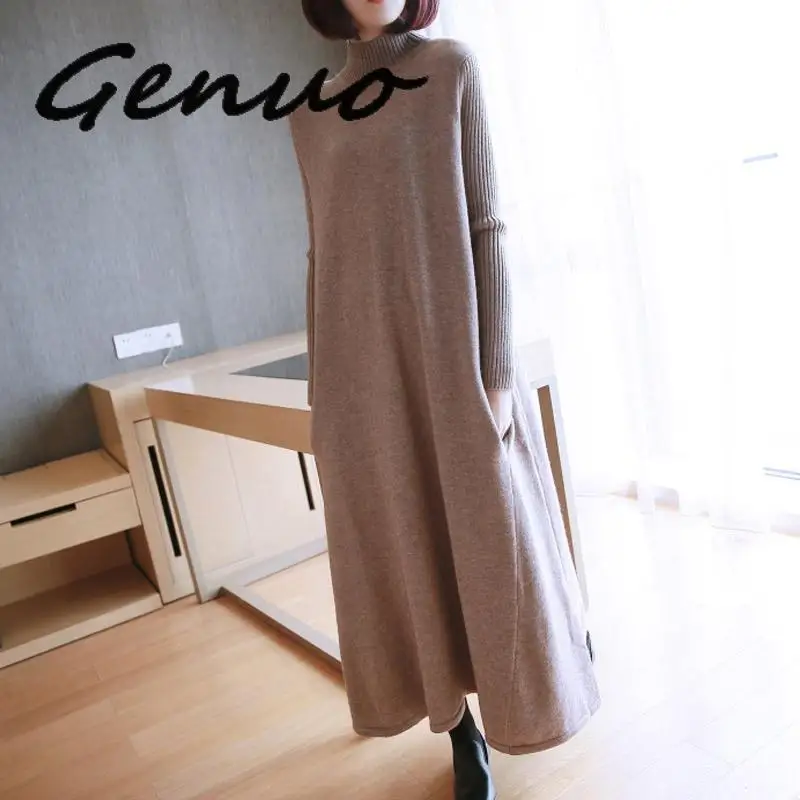 

Genuo Women Autumn And Winter Knit Dress 2019 New Large Size Women's Retro Large Long Sleeve Turtleneck Solid Color Loose Dress