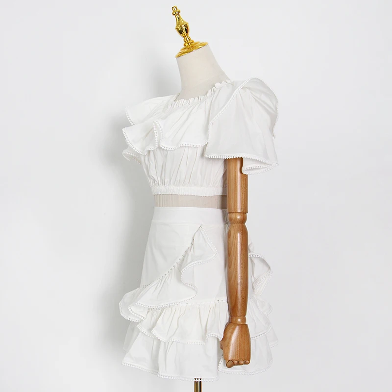 

Elegant Patchwork Ruffle Set Female Slash Neck Short Sleeve Tops Bodycon Skirts White Two Piece Sets Female Fashion