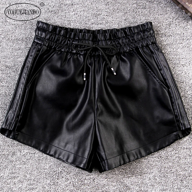 

Pu leather shorts female high waist wide leg A word shorts new elastic waist leather shorts casual shorts spodenki damskie jeans