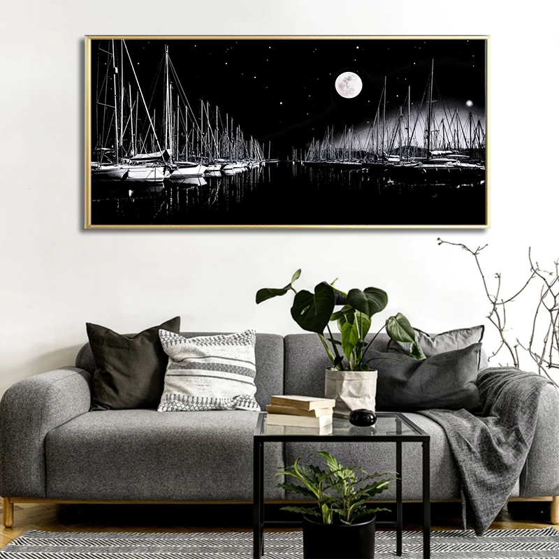 Абстрактная Скандинавская морской катер задний фон луна ночь пейзаж синего и