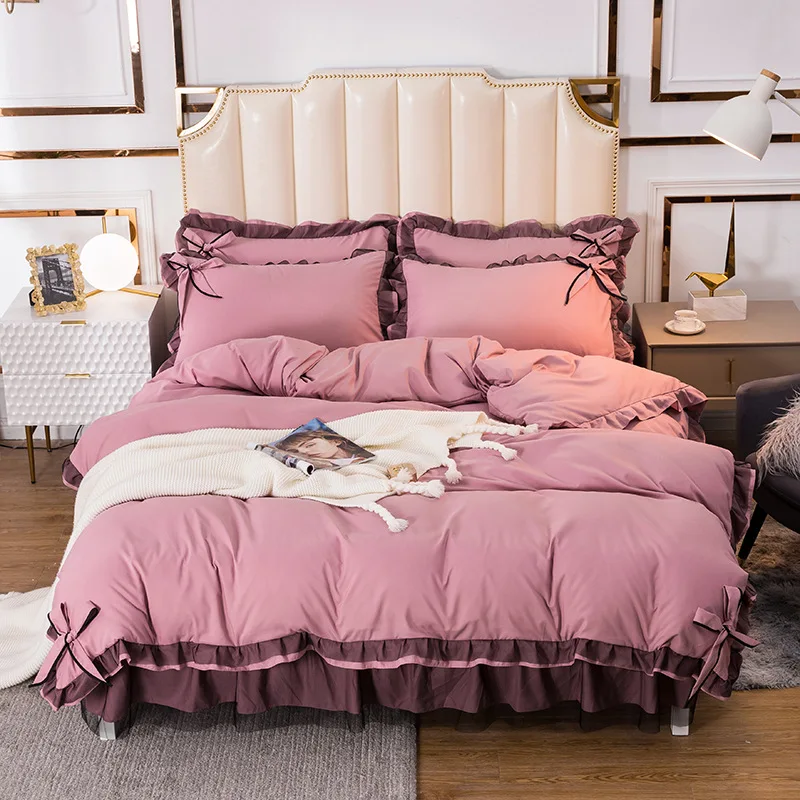 

Four-piece solid color bed skirt cute princess style bowknot lace bedspread four-piece bed