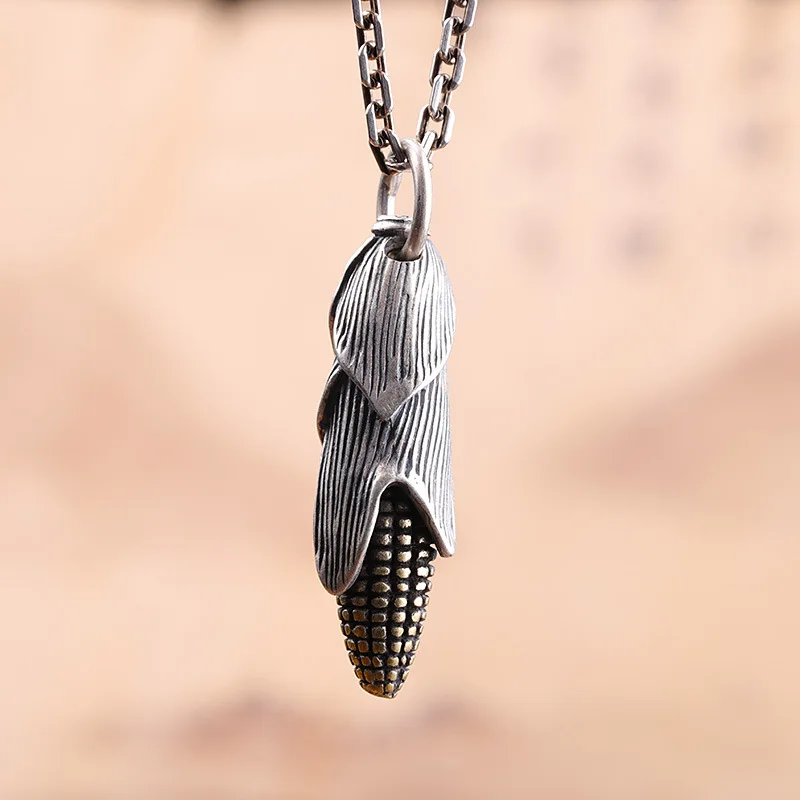 

Buyee Real 925 Sterling Silver Male Rock Punk Pendant Vivid Golden Corn Cereal Fashion Pendant Necklace for Women Men Jewelry