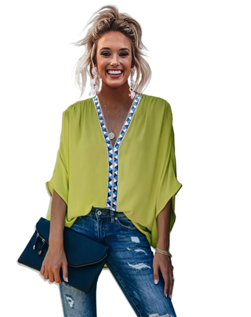 

Donsignet Women's Blouse Women's Solid Color V-neck Pullover Solid Color Stitching Loose Sleeve Blouse Office Lady Blouse Women