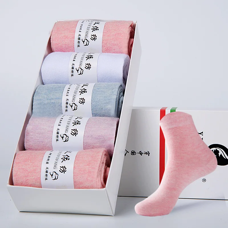 5 Pairs Pure Cotton Socks for Women Four Seasons Sport Female Sock Middle Calf Sox Gift Box Pack Ladies Pink White Stocking