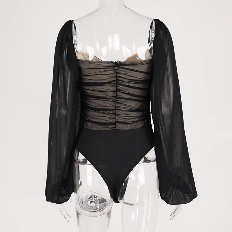 

OneLineFox Mesh Corset Bodysuit Top Puff Sleeve See Through Padded Ruched Square Neck Bodycon Sexy Romper Woman Stretch Party
