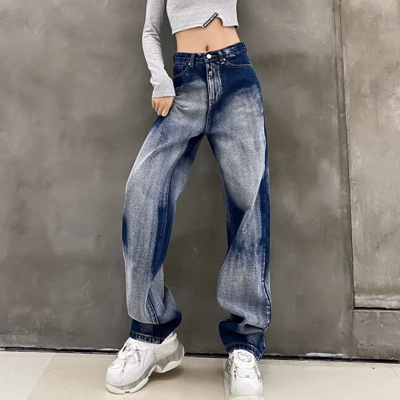 CHICEVER Hit Color Jeans For Women High Waist Full Length Straight Wide Leg Pants Female 2021 Spring Clothes Korean Fashion Tide