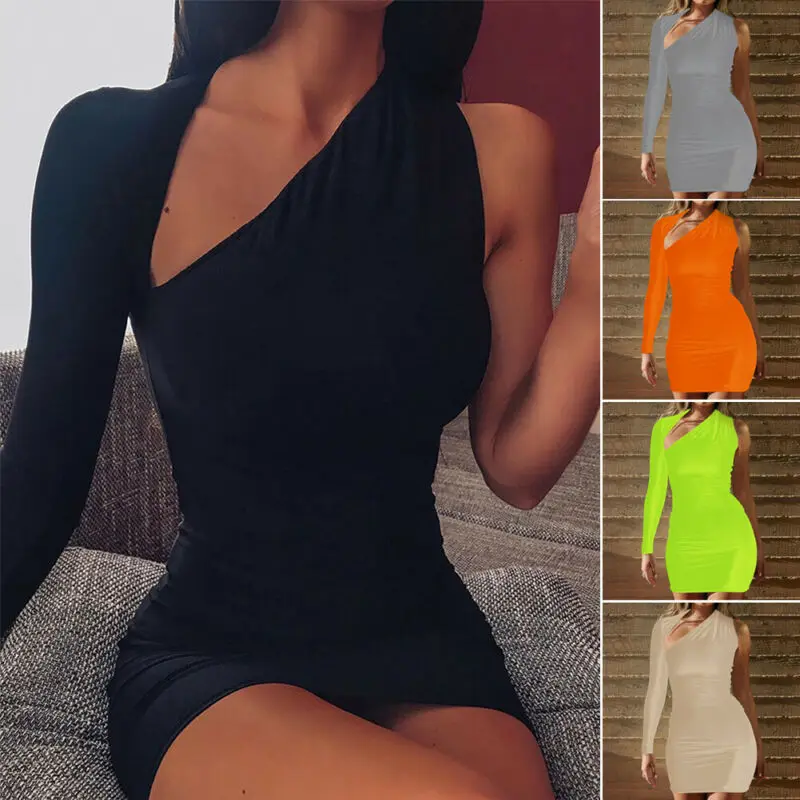 Модная женская одежда на одно плечо для стройных обтягивающее короткое платье