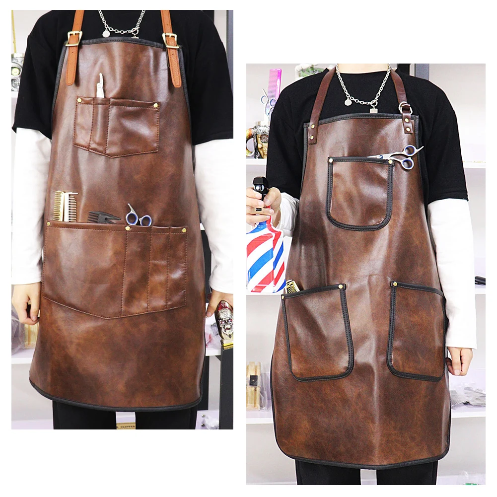 

Hairdresser Leather Work Clothes Salon Waterproof Hairdressing Apron Haircut Capes Multi Pockets Denim Apron
