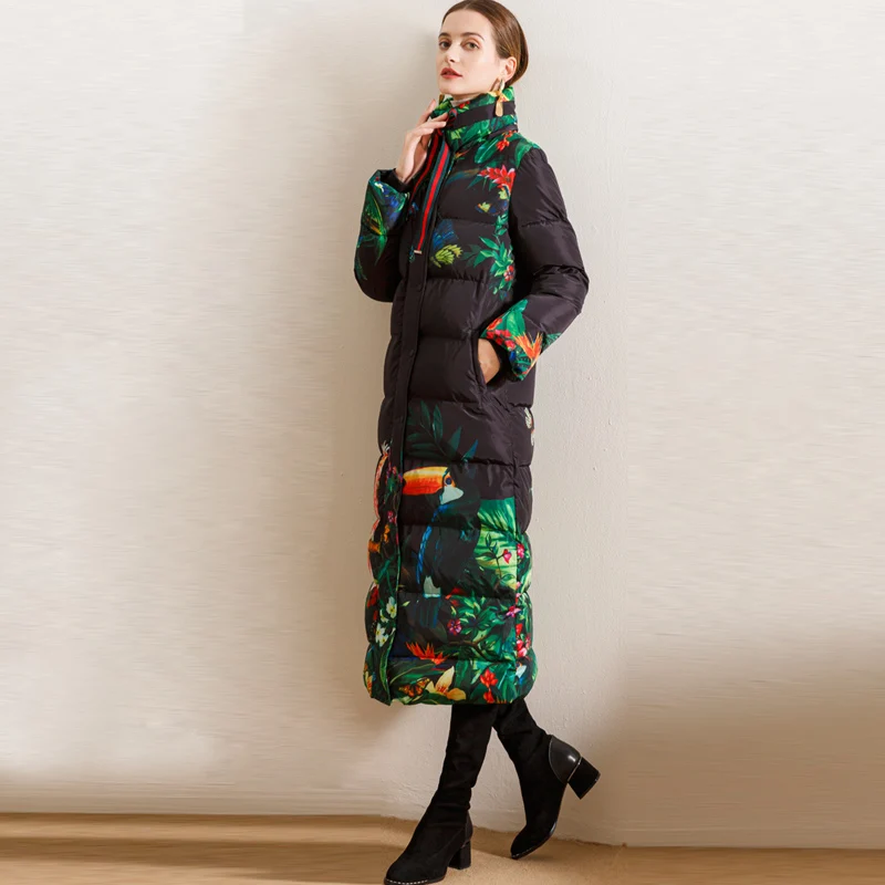 

2020 Winter Women's Winter White Duck Coat Jacket Fashion Printing Mid-Length Warm And Windproof Casual Loose Coat