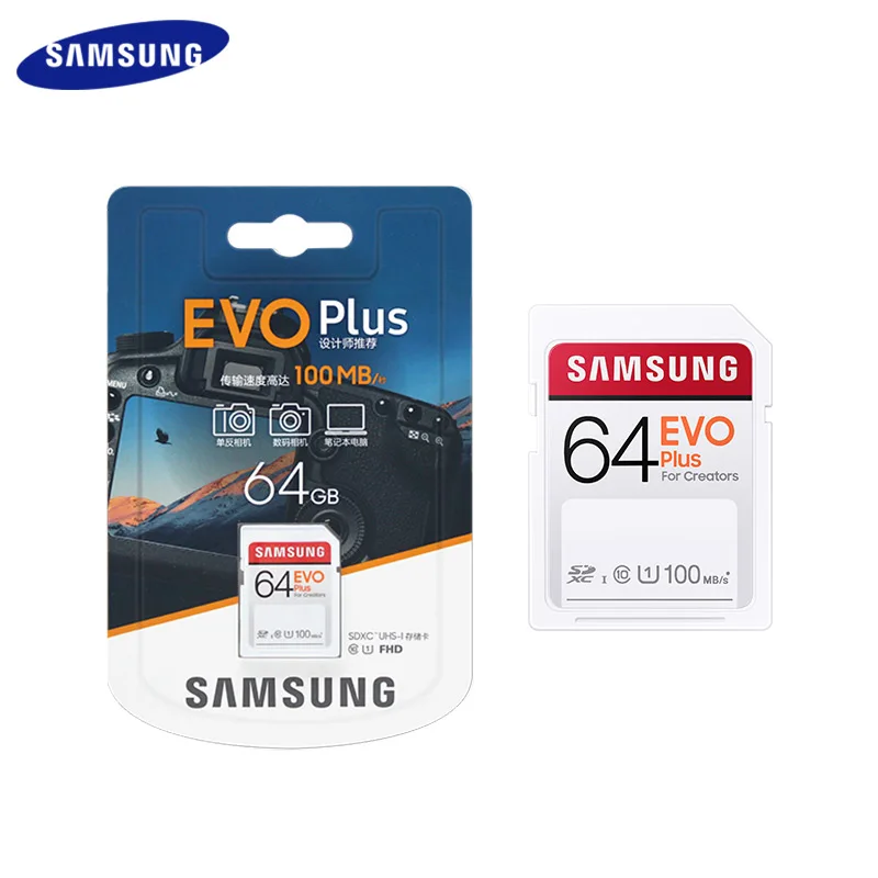 Original SAMSUNG SD Card EVO Plus 32GB 64GB 128GB 256GB SDHC SDXC High Speed Memory Card Class 10 UHS-III For FHD/4K UHD Camera