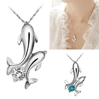 cute silver plated double dolphins pendant charm chain necklace lady jewelry