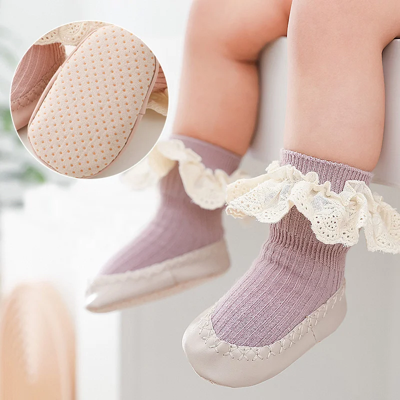 

Lawadka 2021 New born Baby Socks With Rubber Soles Fashion Lace Infant Baby Girls Shoes Anti Slip Soft Floor Toddler Sock 0-24M