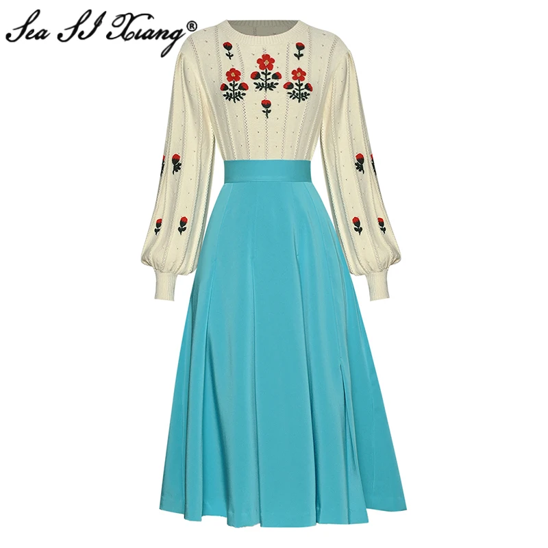 

Женский Дизайнерский Костюм Seasixiang, осенний костюм из свитера с круглым вырезом, рукавами-фонариками и цветочной вышивкой и синей юбки