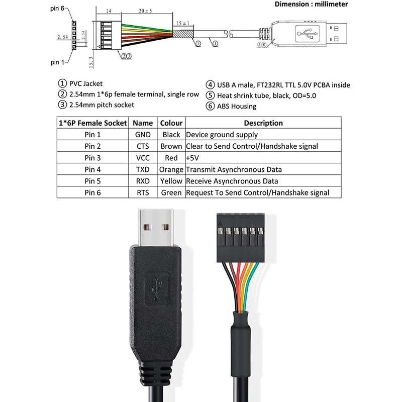 USB к TTL серийный 5V адаптер переменного тока Кабель 6 Pin 0 1 дюймов шаг муфтовый