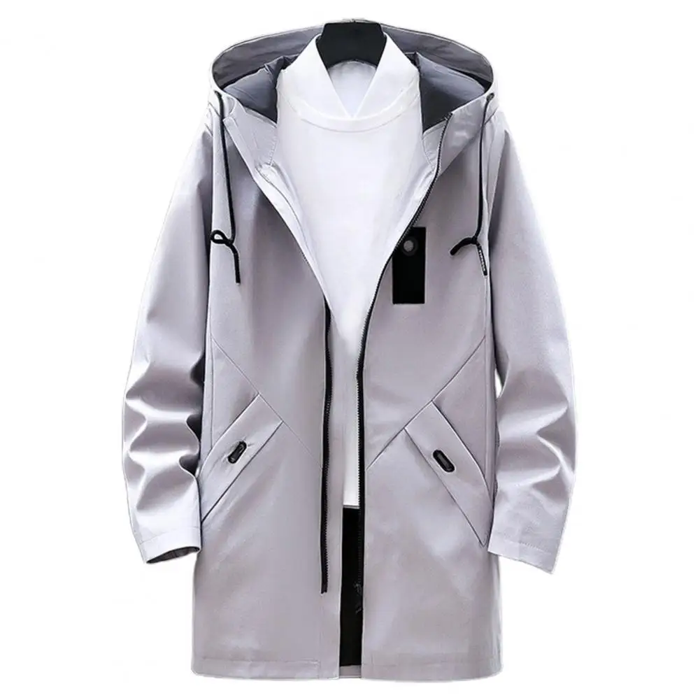 

Chic Men Coat Solid Color Zipper Pockets All Match Long Hooded 2021 Autumn Winter Plus Size Men Trendy Jacket