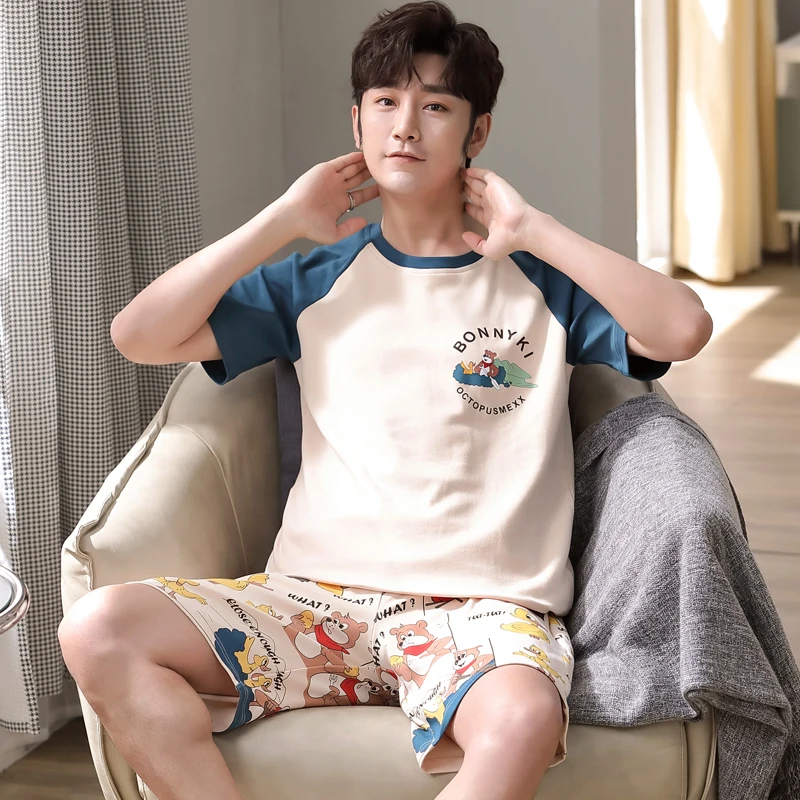 NANJIREN Mens Pajamas Set Summer Home Casual Short Sleeves O-NECK Shirt Shorts Pajamas Set for Men Cartoon Sleepwear Set