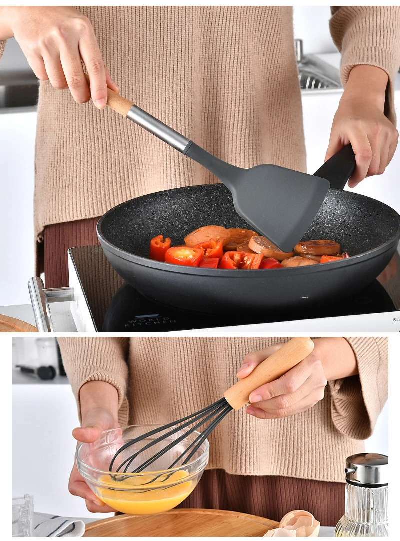 12 Pieces Cooking Tools Set Silicone+Wood Handle Kitchen Cooking Utensils Set with Storage Box Turner Tongs Spatula Soup Spoon