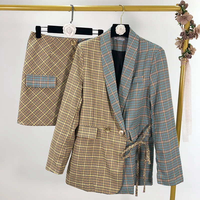 Костюм с юбкой Новинка осени 2019 Дизайнерский контрастных цветов пиджак и юбка