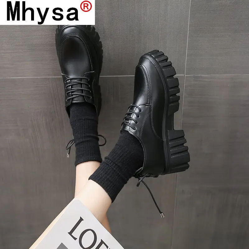 

2021 Leather Shoes Platform Shoes High Quality Women's Oxford Casual Shoes Woman Flat Shoes Black Fashion Spring Platform Shoes