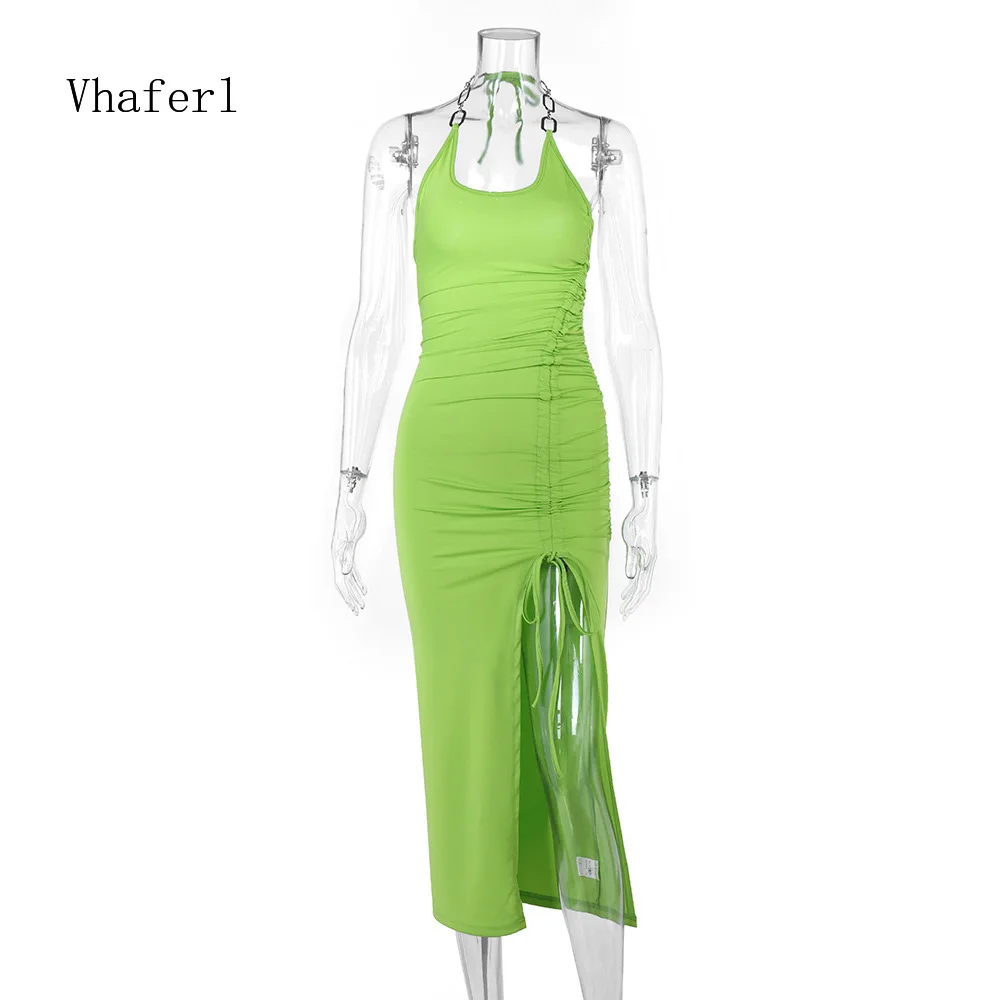 

Vhaferl Fashion Backless Long Dress Women Lacing Chain Spaghetti Sexy Dress Tight Asymmetry Split Fork Party Dress Vestidos