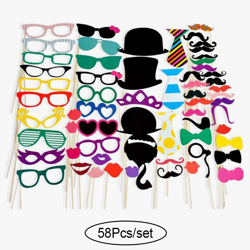 58Pcs set Свадебные DIY украшения фото стенд реквизит забавная маска очки Усы губы на палочке Baby Shower Свадьба День рождения принадлежности для вечеринок - Цвет: 58Pcs set