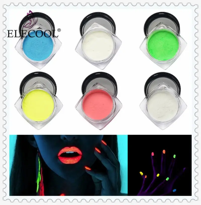 ELECOOL светящийся порошок ногтей пигменты светится в темноте 6 цветов Nail Art Блеск