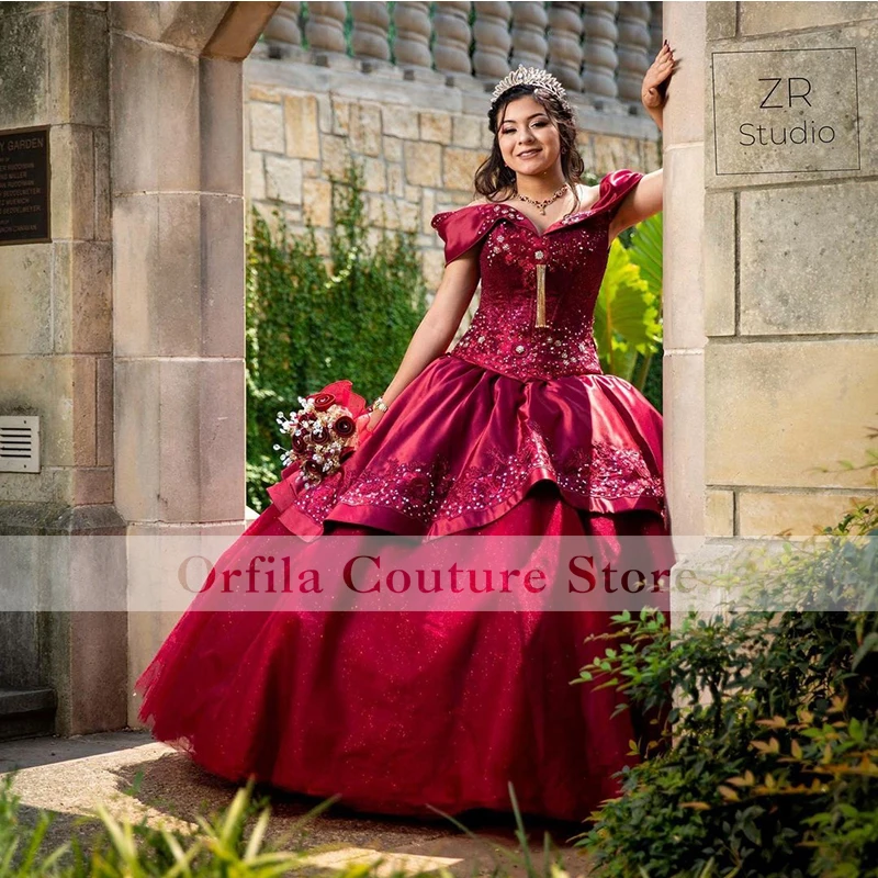 Бордовое бальное платье с открытыми плечами платья для Quinceanera милое блестками 16 15
