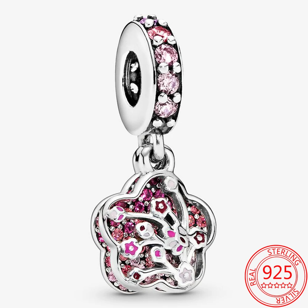 

Real 925 Sterling Silver Pink Enamel Pavé Crystal Peach Blossom Charm Fit Original Pandora Bracelet DIY Beaded Jewelry