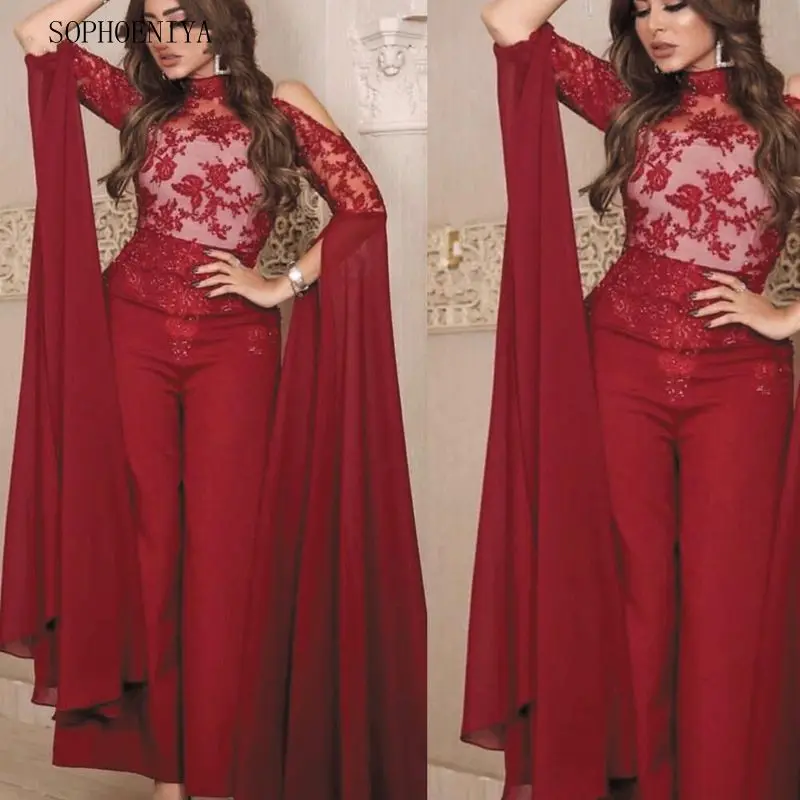 

Robe de soiree Burgundy Jumpsuits for Women 2023 Lace Applique Arabic Style Pants for Weddings Abiti Da Cerimonia Da Sera