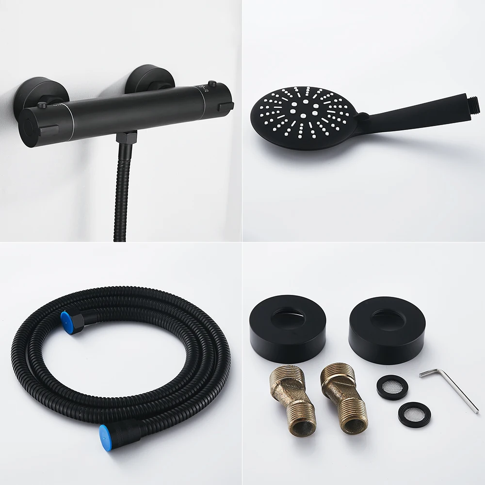 

Bathroom Rainfal Black Shower Faucet Set Wall Mounted Copper Set with Hand Shower Head Bathtub Mixer for Cold and Hot