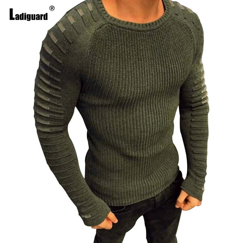 Ladiguard Plus Size Men Knitted Sweater Casual Skinny Pullovers Solid Knitwear 2022 European Style Fashion Pleated Sweaters
