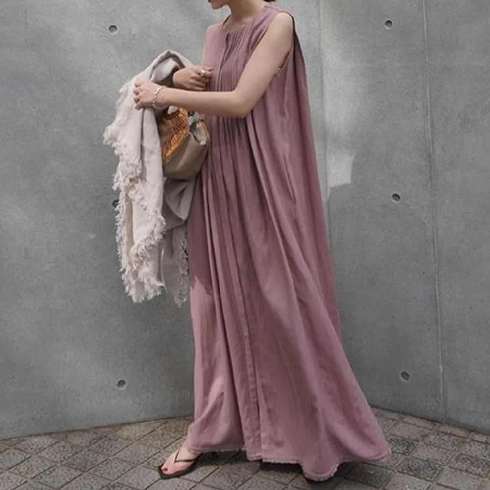 

Summer 2021 Japanese Style Korean Fashion Solid Color Temperament Simplicity Gather Round Neck Sleeveless Women's Dress