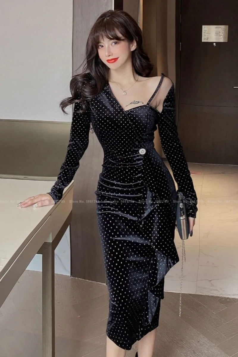 

Women Retro Fashion Ruffle Dress French Sexy V-neck Nightclub Bodycon Lady Elegant Party Slim Evening Dresses Vintage Vestidos