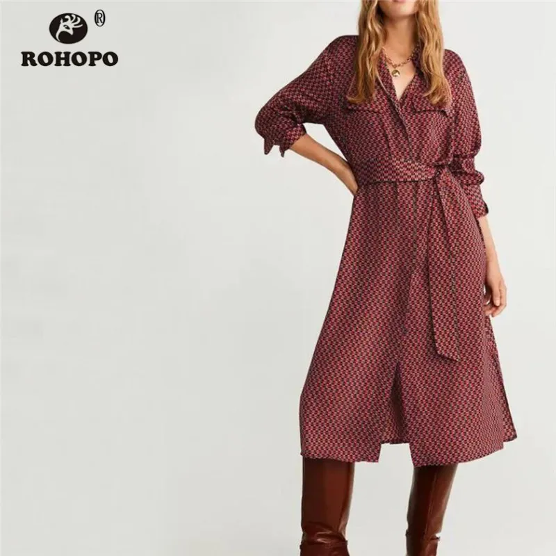 ROHOPO/клетчатая блузка миди с длинным рукавом и бантом поясом прямое платье до