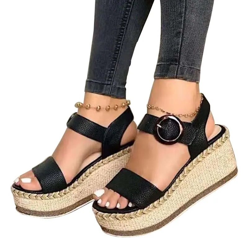 

Rome Fashion Women Sandals Wedge Buckle Strap Ladies Shoes Weave Cane Patchwork PU Thick Bottom 2021 Summer Casual Shoes Female