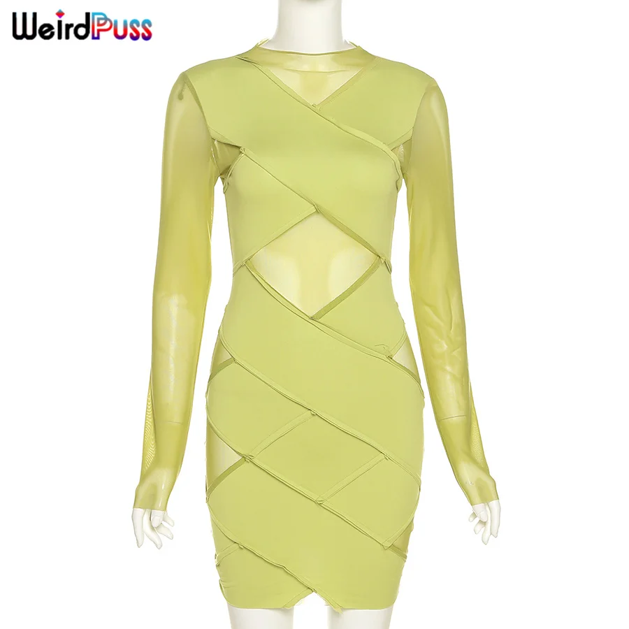 

Weird Puss Mesh Patchwork Women Dress Sexy Autumn Full Sleeve Skinny Stretchy Fitness Party Clubwear Bodycon Birthday Outfits