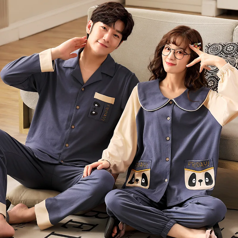 

Couple Pajamas Women'S Spring Autumn Long-Sleeved 100% Cotton Men'S Simple Loose Casual Cardigan Nightwear Cardigan Pyjamas